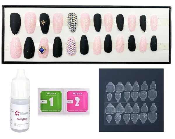 Black_&_Baby_Pink_Glitter_Matte_&_Glitter_Artificial/False_Nails_Set,_Nail_Glue_Included