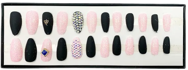 Black_&_Baby_Pink_Glitter_Matte_&_Glitter_Artificial/False_Nails_Set,_Nail_Glue_Included