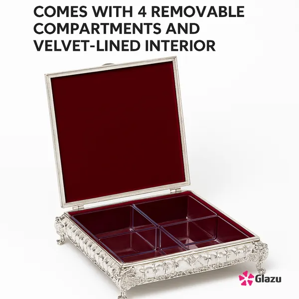 German_Silver_Peacock_Dry_Fruit_Box_(4_Compartments),_White_?_Elegant_Storage_for_Dry_Fruits,_Nuts,_Sweets,_and_Snacks_?_Premium_Quality_Gift_Box_for_Festivals_&_Occasions