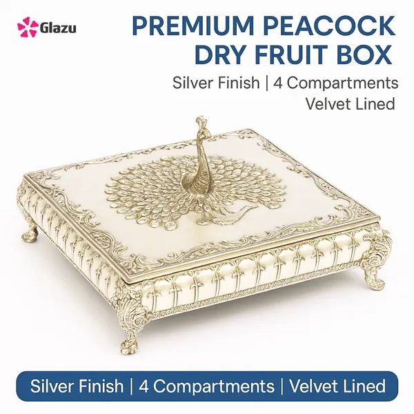 German_Silver_Peacock_Dry_Fruit_Box_(4_Compartments),_White_?_Elegant_Storage_for_Dry_Fruits,_Nuts,_Sweets,_and_Snacks_?_Premium_Quality_Gift_Box_for_Festivals_&_Occasions