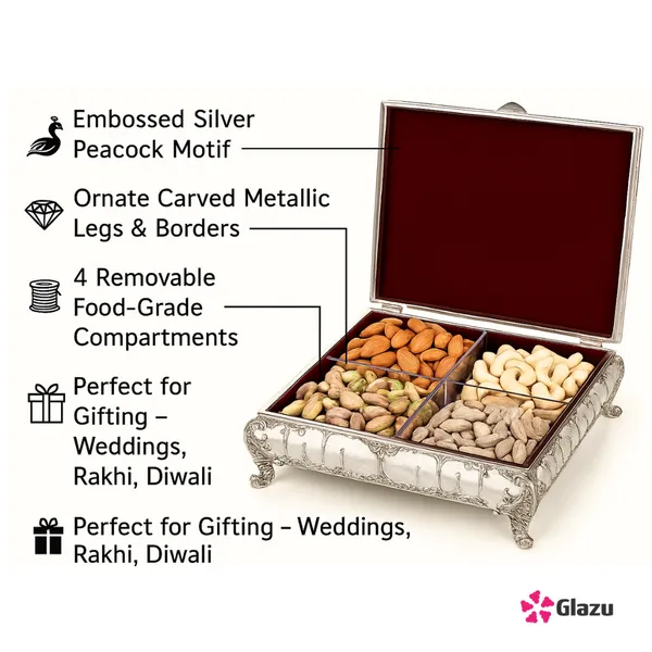 German_Silver_Peacock_Dry_Fruit_Box_(4_Compartments),_White_?_Elegant_Storage_for_Dry_Fruits,_Nuts,_Sweets,_and_Snacks_?_Premium_Quality_Gift_Box_for_Festivals_&_Occasions