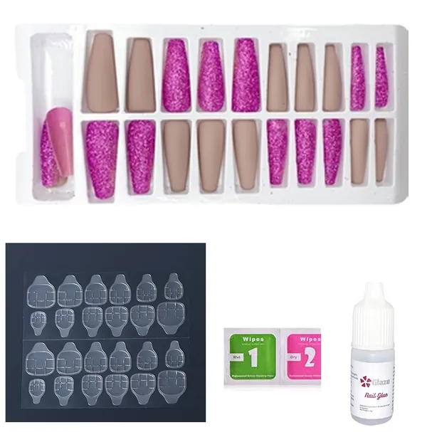 Flirt_Eggplant_Designer/Coffin_Shaped_Glitter_&_Matte_Press_On_Fake_Nails_|_Artificial_Nails_|_Almond_Shape_With_Nail_Glue_Kit