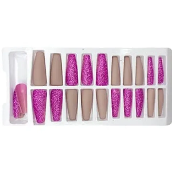 Flirt_Eggplant_Designer/Coffin_Shaped_Glitter_&_Matte_Press_On_Fake_Nails_|_Artificial_Nails_|_Almond_Shape_With_Nail_Glue_Kit