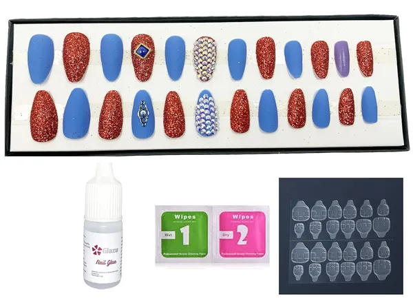 Blue_&_Red_Glitter_Matte_&_Glitter_Artificial/False_Nails_Set,_Nail_Glue_Included
