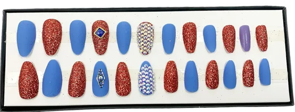 Blue_&_Red_Glitter_Matte_&_Glitter_Artificial/False_Nails_Set,_Nail_Glue_Included