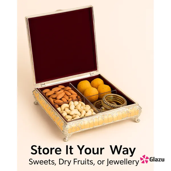 German_Silver_Peacock_Dry_Fruit_Box_(4_Compartments),_Peach_?_Elegant_Storage_for_Dry_Fruits,_Nuts,_Sweets,_and_Snacks_?_Premium_Quality_Gift_Box_for_Festivals_&_Occasions