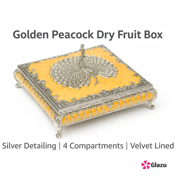 German_Silver_Peacock_Dry_Fruit_Box_(4_Compartments),_Peach_?_Elegant_Storage_for_Dry_Fruits,_Nuts,_Sweets,_and_Snacks_?_Premium_Quality_Gift_Box_for_Festivals_&_Occasions