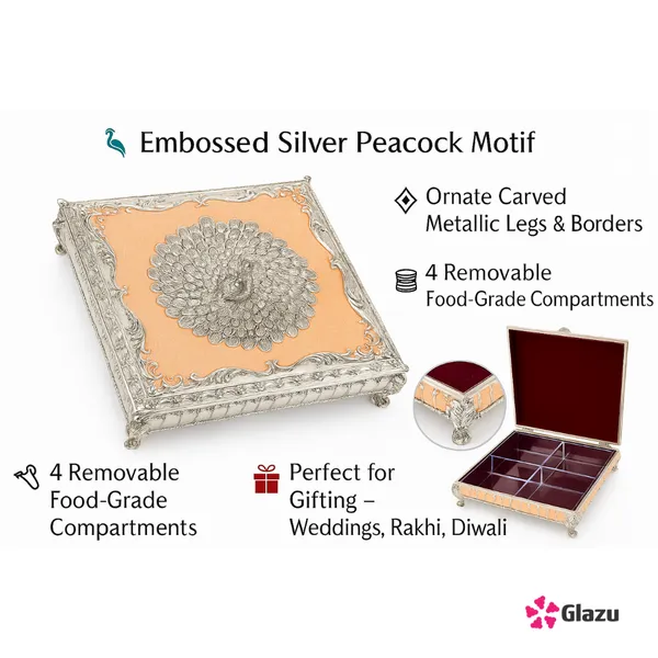German_Silver_Peacock_Dry_Fruit_Box_(4_Compartments),_Peach_?_Elegant_Storage_for_Dry_Fruits,_Nuts,_Sweets,_and_Snacks_?_Premium_Quality_Gift_Box_for_Festivals_&_Occasions