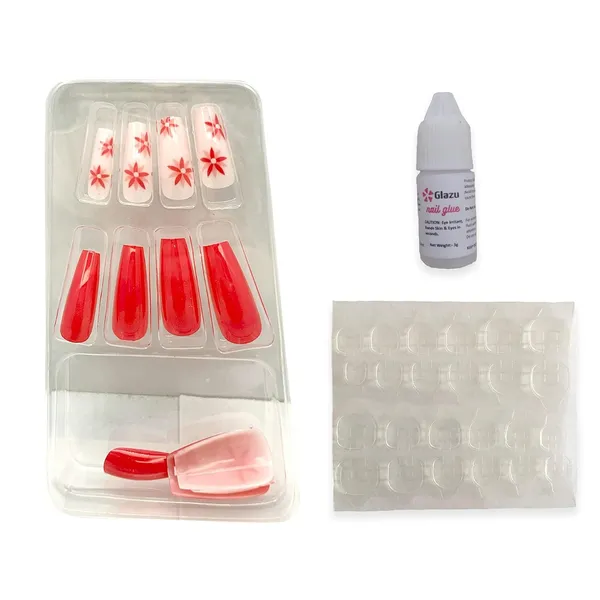 Alizarin_Crimson_Ballerina_Shaped_Press_On_Artificial/Fake_Nails,_1_Sheet_Nail_Glue_Tabs_&_1_Nail_Glue_Bottle