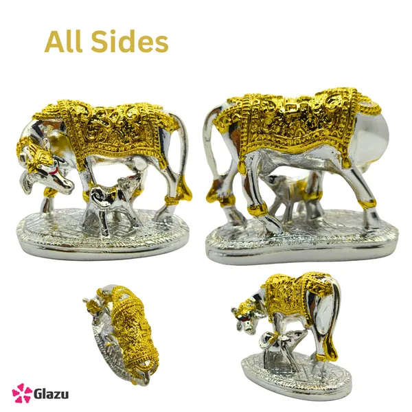 German_Silver_Gold_Plated_Kamdhenu_Cow_with_Calf_Idol__|_Decorative_Showpiece_for_Home_Temple_|_Hindu_Pooja_Gift_|_Vastu_Figurine_for_Prosperity_|_Diwali_Decoration_for_Spiritual_Ambience