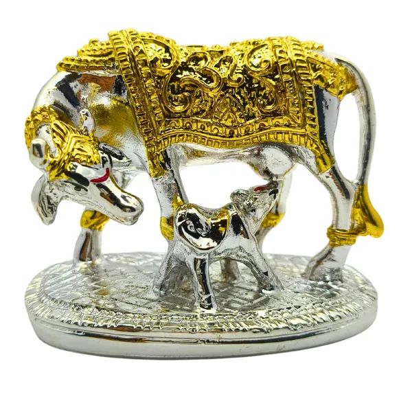 German_Silver_Gold_Plated_Kamdhenu_Cow_with_Calf_Idol__|_Decorative_Showpiece_for_Home_Temple_|_Hindu_Pooja_Gift_|_Vastu_Figurine_for_Prosperity_|_Diwali_Decoration_for_Spiritual_Ambience