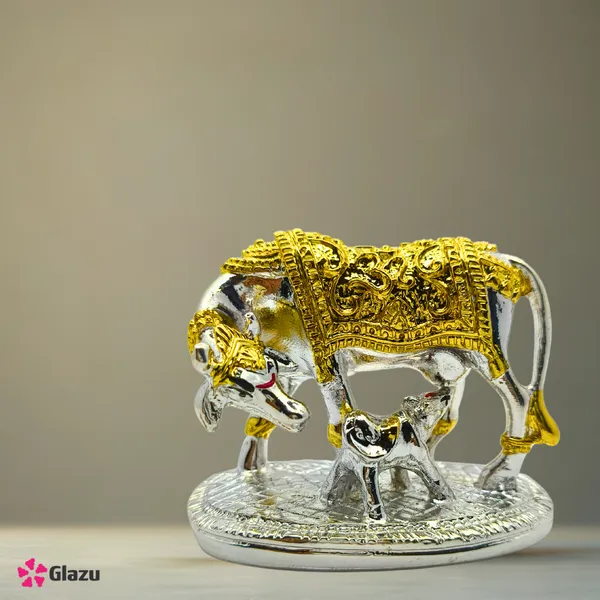German_Silver_Gold_Plated_Kamdhenu_Cow_with_Calf_Idol__|_Decorative_Showpiece_for_Home_Temple_|_Hindu_Pooja_Gift_|_Vastu_Figurine_for_Prosperity_|_Diwali_Decoration_for_Spiritual_Ambience