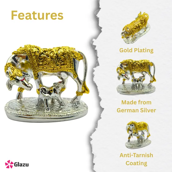 German_Silver_Gold_Plated_Kamdhenu_Cow_with_Calf_Idol__|_Decorative_Showpiece_for_Home_Temple_|_Hindu_Pooja_Gift_|_Vastu_Figurine_for_Prosperity_|_Diwali_Decoration_for_Spiritual_Ambience