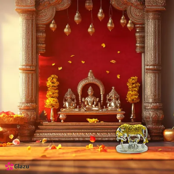 German_Silver_Gold_Plated_Kamdhenu_Cow_with_Calf_Idol__|_Decorative_Showpiece_for_Home_Temple_|_Hindu_Pooja_Gift_|_Vastu_Figurine_for_Prosperity_|_Diwali_Decoration_for_Spiritual_Ambience