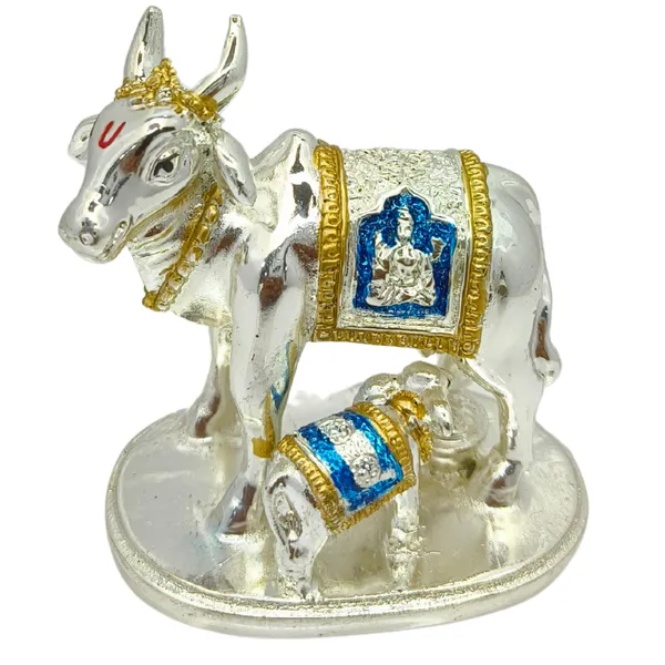 German_Silver_Gold_Plated_Kamdhenu_Cow_with_Calf_Idol_(Blue)_|_Decorative_Showpiece_for_Home_Temple_|_Hindu_Pooja_Gift_|_Vastu_Figurine_for_Prosperity_|_Diwali_Decoration_for_Spiritual_Ambience_(Small)