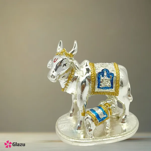 German_Silver_Gold_Plated_Kamdhenu_Cow_with_Calf_Idol_(Blue)_|_Decorative_Showpiece_for_Home_Temple_|_Hindu_Pooja_Gift_|_Vastu_Figurine_for_Prosperity_|_Diwali_Decoration_for_Spiritual_Ambience_(Small)