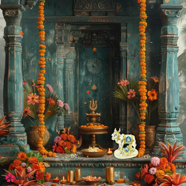 German_Silver_Gold_Plated_Kamdhenu_Cow_with_Calf_Idol_(Blue)_|_Decorative_Showpiece_for_Home_Temple_|_Hindu_Pooja_Gift_|_Vastu_Figurine_for_Prosperity_|_Diwali_Decoration_for_Spiritual_Ambience_(Small)