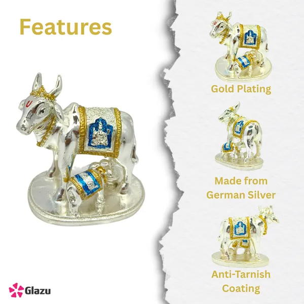 German_Silver_Gold_Plated_Kamdhenu_Cow_with_Calf_Idol_(Blue)_|_Decorative_Showpiece_for_Home_Temple_|_Hindu_Pooja_Gift_|_Vastu_Figurine_for_Prosperity_|_Diwali_Decoration_for_Spiritual_Ambience_(Small)