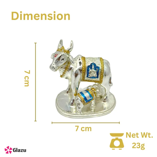 German_Silver_Gold_Plated_Kamdhenu_Cow_with_Calf_Idol_(Blue)_|_Decorative_Showpiece_for_Home_Temple_|_Hindu_Pooja_Gift_|_Vastu_Figurine_for_Prosperity_|_Diwali_Decoration_for_Spiritual_Ambience_(Small)