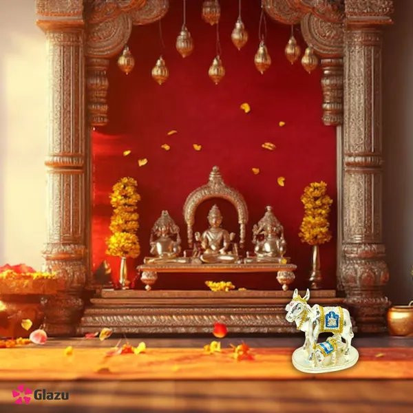German_Silver_Gold_Plated_Kamdhenu_Cow_with_Calf_Idol_(Blue)_|_Decorative_Showpiece_for_Home_Temple_|_Hindu_Pooja_Gift_|_Vastu_Figurine_for_Prosperity_|_Diwali_Decoration_for_Spiritual_Ambience_(Small)