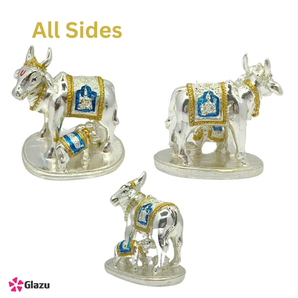 German_Silver_Gold_Plated_Kamdhenu_Cow_with_Calf_Idol_(Blue)_|_Decorative_Showpiece_for_Home_Temple_|_Hindu_Pooja_Gift_|_Vastu_Figurine_for_Prosperity_|_Diwali_Decoration_for_Spiritual_Ambience_(Small)