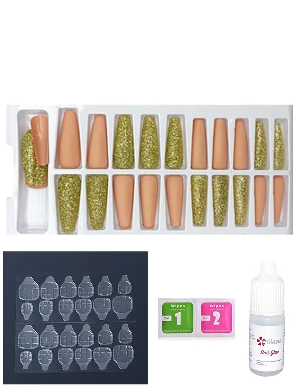 Tumbleweed_Sycamore_Designer/Coffin_Shaped_Glitter_&_Matte_Press_On_Fake_Nails_|_Artificial_Nails_|_Almond_Shape_With_Nail_Glue_Kit