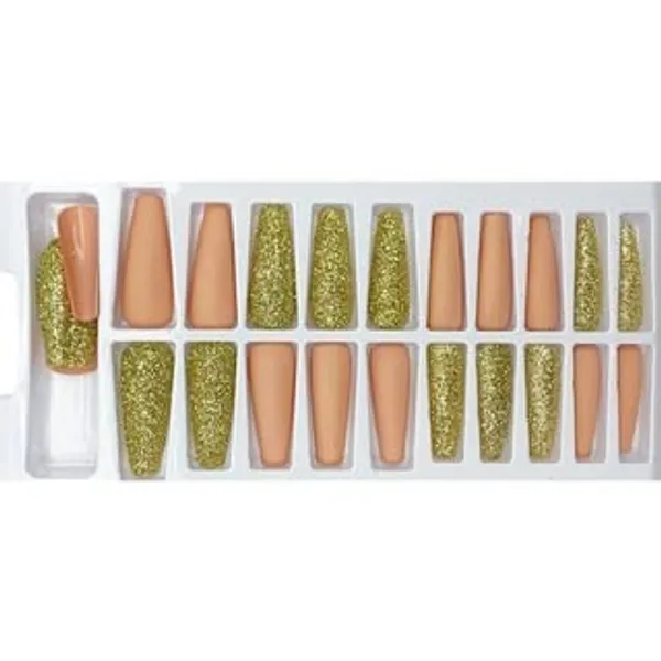 Tumbleweed_Sycamore_Designer/Coffin_Shaped_Glitter_&_Matte_Press_On_Fake_Nails_|_Artificial_Nails_|_Almond_Shape_With_Nail_Glue_Kit