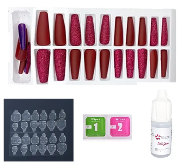 Dark_Tan_Disco_Designer/Coffin_Shaped_Glitter_&_Matte_Press_On_Fake_Nails_|_Artificial_Nails_|_Almond_Shape_With_Nail_Glue_Kit