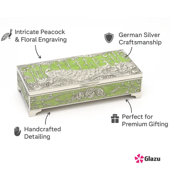 German_Silver_Peacock_Dry_Fruit_Box_(2_Compartments),_Green_Color_?_Elegant_Storage_for_Dry_Fruits,_Nuts,_Sweets_?_Premium_Quality_Gift_Box_for_Occasions_&_Festivals