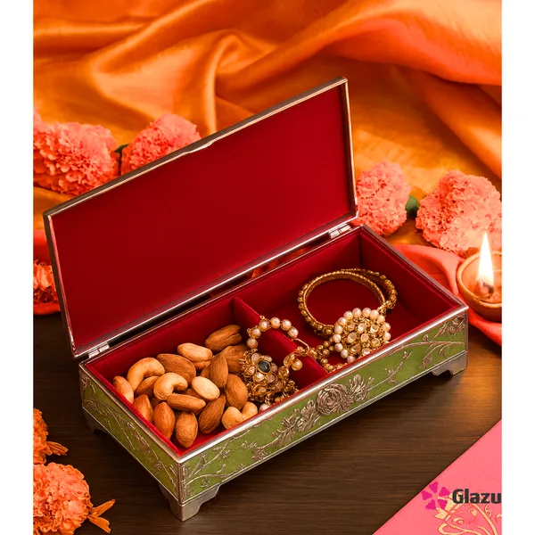German_Silver_Peacock_Dry_Fruit_Box_(2_Compartments),_Green_Color_?_Elegant_Storage_for_Dry_Fruits,_Nuts,_Sweets_?_Premium_Quality_Gift_Box_for_Occasions_&_Festivals