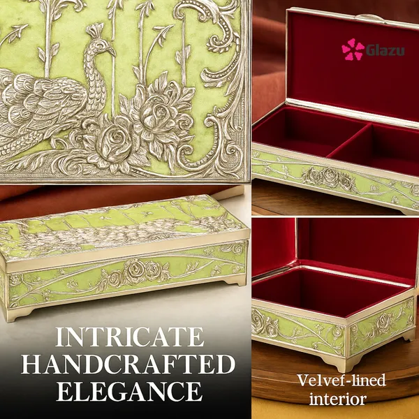 German_Silver_Peacock_Dry_Fruit_Box_(2_Compartments),_Green_Color_?_Elegant_Storage_for_Dry_Fruits,_Nuts,_Sweets_?_Premium_Quality_Gift_Box_for_Occasions_&_Festivals