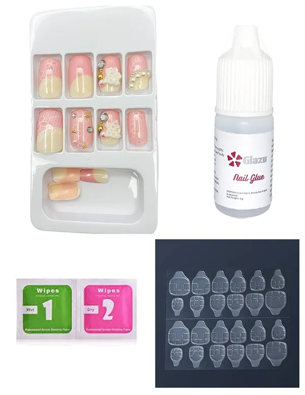 Cameo_Sea_Pink_Designer_Press_On_Artificial_Nails/Fake_Nails_Almond/Squoval_With_1_Glue_Kit