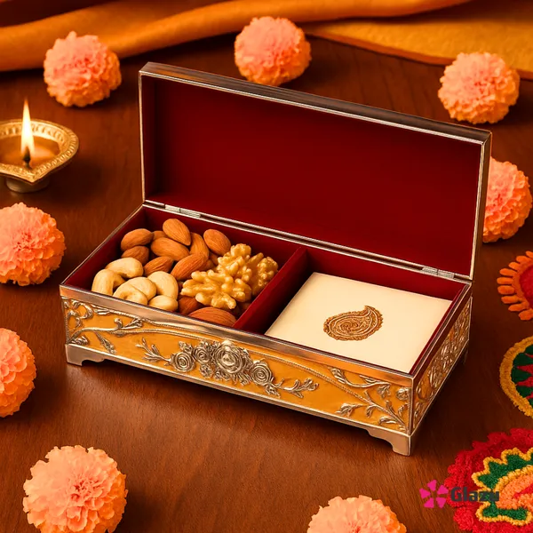 German_Silver_Peacock_Dry_Fruit_Box_(2_Compartments),_Peach_Color_?_Elegant_Storage_for_Dry_Fruits,_Nuts,_Sweets_?_Premium_Quality_Gift_Box_for_Occasions_&_Festivals