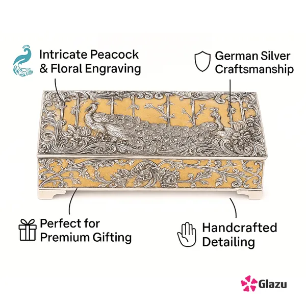 German_Silver_Peacock_Dry_Fruit_Box_(2_Compartments),_Peach_Color_?_Elegant_Storage_for_Dry_Fruits,_Nuts,_Sweets_?_Premium_Quality_Gift_Box_for_Occasions_&_Festivals