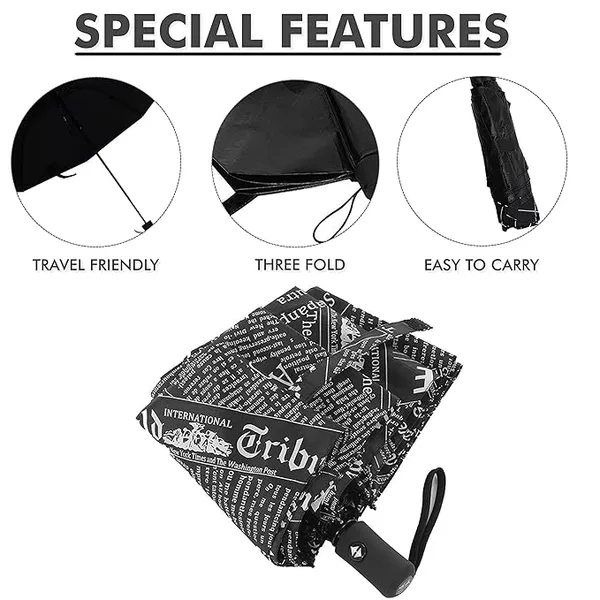 GLAZU_Automatic_Open_&_Close_Newspaper_Design_Umbrella__Stylish_Windproof_Travel_Umbrella_with_8_Ribs_|_Durable_Compact_Umbrella_for_Men_&_Women_|_Unique_Rain_Gear_for_Monsoon