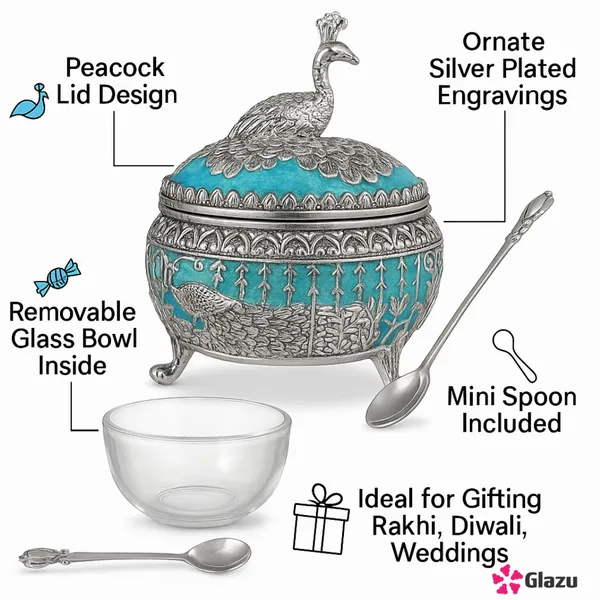 German_Silver_Peacock_Mukwas/Mouth_Freshener,_Blue_?_Elegant_Traditional_Mouth_Freshener_Box_for_After-Meal_Refreshment_?_Premium_Gift_for_Occasions_&_Festivals
