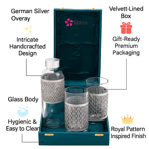 German_Silver_Jali_Glass_Bottle_&_Tumbler_Gift_Set_with_Velvet_Box_?_Elegant_Decorative_Set_for_Drinks,_Water,_or_Gifts_?_Premium_Quality,_Traditional_&_Stylish