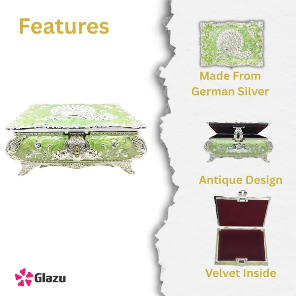 German_Silver_Peacock_Jewellery_Box_with_Green_Velvet_Lining_|_Antique_Decorative_Storage_Organizer_|_Traditional_Gift_Item_for_Women_|_Ethnic_Jewellery_Case_|_Wedding_Return_Gift_Box