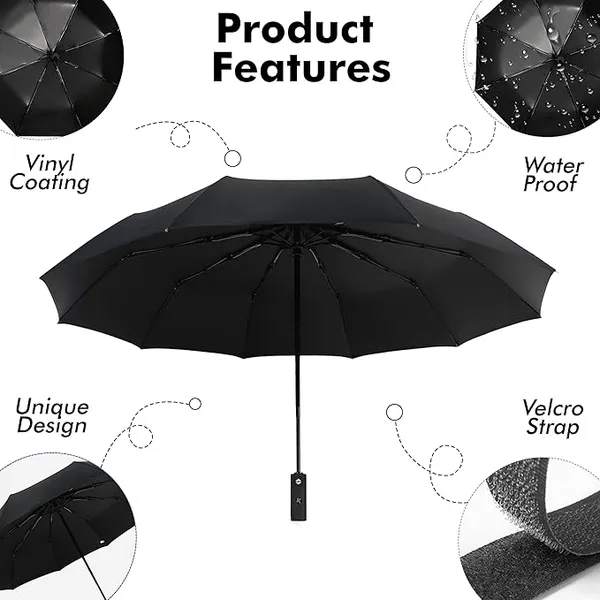 GLAZU_Automatic_Open_&_Close_Umbrella_??10_Ribs_Windproof_Travel_Umbrella_with_Comfortable_Handle_|_Strong_&_Durable_Black_Compact_Umbrella_for_Men_&_Women_|_Premium_Monsoon_Rain_Gear