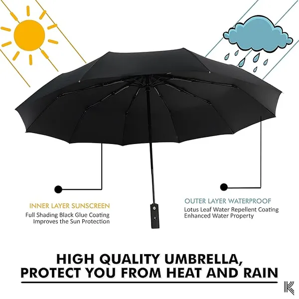 GLAZU_Automatic_Open_&_Close_Umbrella_??10_Ribs_Windproof_Travel_Umbrella_with_Comfortable_Handle_|_Strong_&_Durable_Black_Compact_Umbrella_for_Men_&_Women_|_Premium_Monsoon_Rain_Gear