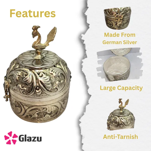 German_Silver_Big_Peacock_Sindoor_Box_with_Lid_|_Traditional_Kumkum_Holder_for_Pooja_and_Daily_Use_|_Antique_Finish_Sindur_Dani_|_Ethnic_Decorative_Box_for_Women_|_Wedding_&_Festive_Gift_Item