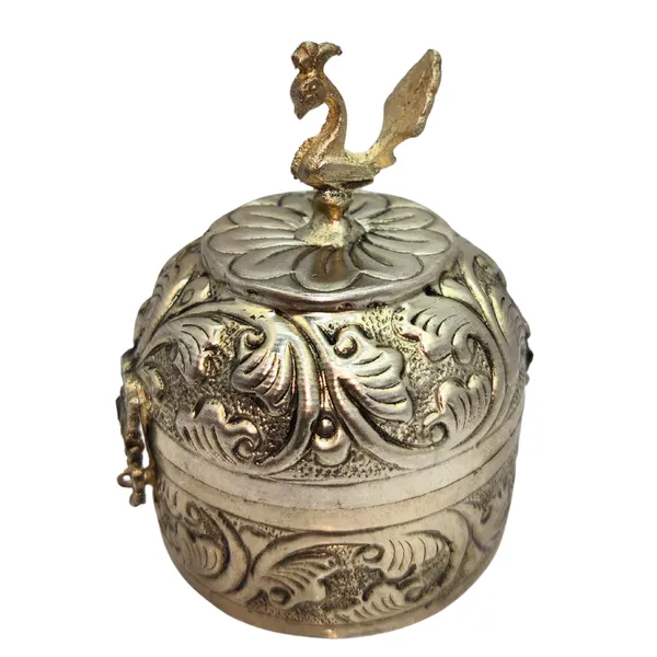 German_Silver_Big_Peacock_Sindoor_Box_with_Lid_|_Traditional_Kumkum_Holder_for_Pooja_and_Daily_Use_|_Antique_Finish_Sindur_Dani_|_Ethnic_Decorative_Box_for_Women_|_Wedding_&_Festive_Gift_Item