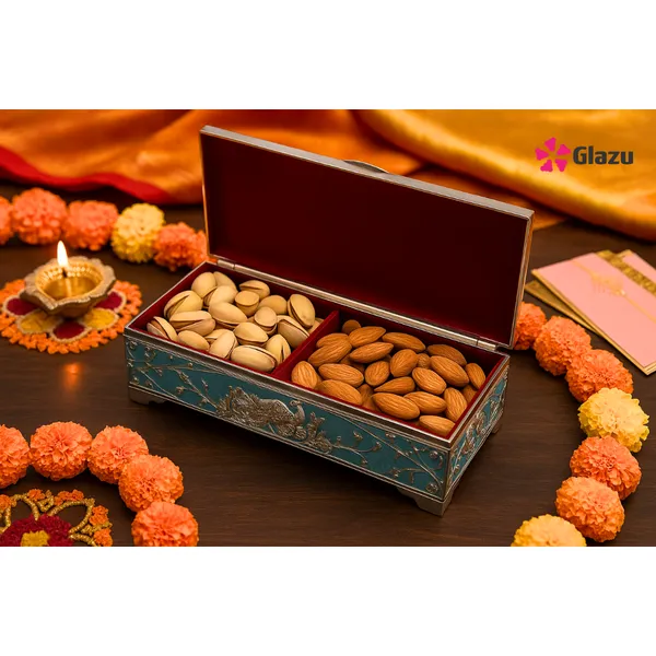 German_Silver_Peacock_Dry_Fruit_Box_(2_Compartments),_Blue_Color_?_Elegant_Storage_for_Dry_Fruits,_Nuts,_Sweets_?_Premium_Quality_Gift_Box_for_Occasions_&_Festivals