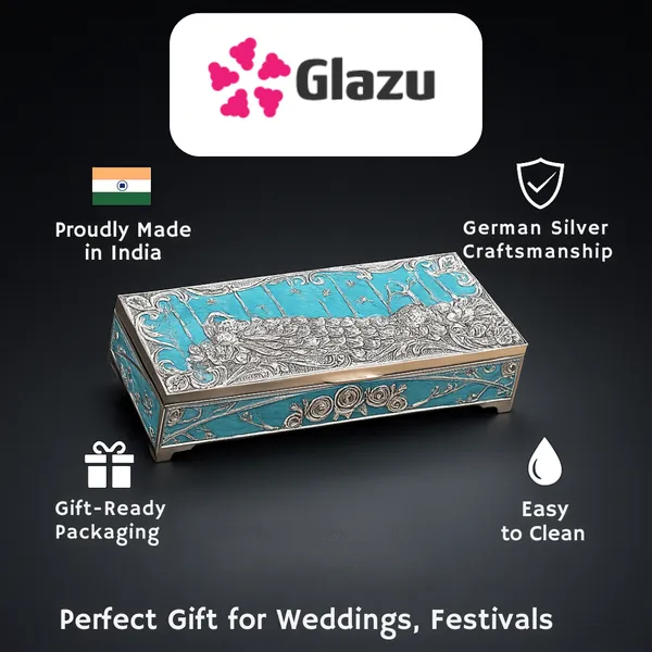 German_Silver_Peacock_Dry_Fruit_Box_(2_Compartments),_Blue_Color_?_Elegant_Storage_for_Dry_Fruits,_Nuts,_Sweets_?_Premium_Quality_Gift_Box_for_Occasions_&_Festivals