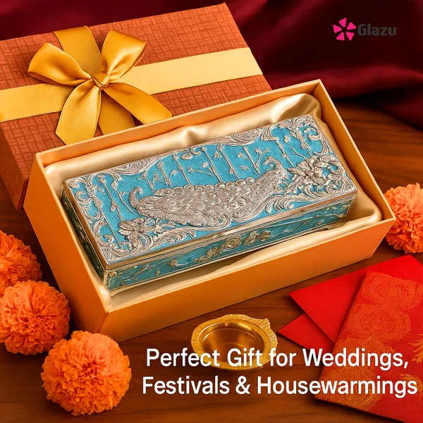 German_Silver_Peacock_Dry_Fruit_Box_(2_Compartments),_Blue_Color_?_Elegant_Storage_for_Dry_Fruits,_Nuts,_Sweets_?_Premium_Quality_Gift_Box_for_Occasions_&_Festivals