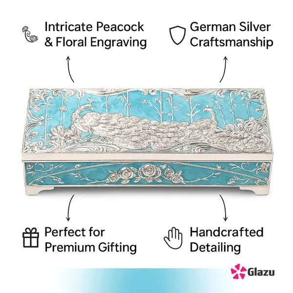 German_Silver_Peacock_Dry_Fruit_Box_(2_Compartments),_Blue_Color_?_Elegant_Storage_for_Dry_Fruits,_Nuts,_Sweets_?_Premium_Quality_Gift_Box_for_Occasions_&_Festivals
