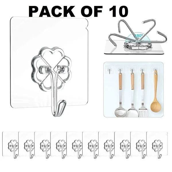 PVC_Heavy_Duty_Self_Adhesive_Stainless_Hooks,(Pack_of_10)_Transparent_Waterproof_and_Oilproof_Wall_Hooks_for_Kitchen_Bathroom_Shower_Door_Outdoor_Home_Improvement_Utility_Hook