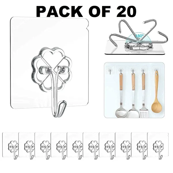 PVC_Heavy_Duty_Self_Adhesive_Stainless_Hooks,(Pack_of_20)_Transparent_Waterproof_and_Oilproof_Wall_Hooks_for_Kitchen_Bathroom_Shower_Door_Outdoor_Home_Improvement_Utility_Hook