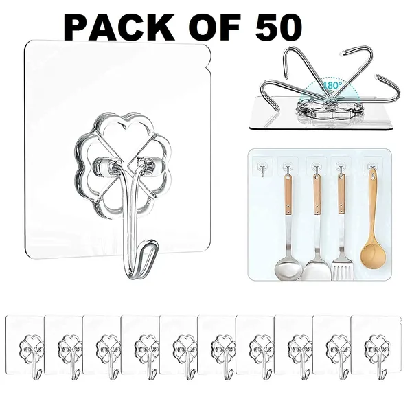 PVC_Heavy_Duty_Self_Adhesive_Stainless_Hooks,(Pack_of_50)_Transparent_Waterproof_and_Oilproof_Wall_Hooks_for_Kitchen_Bathroom_Shower_Door_Outdoor_Home_Improvement_Utility_Hook