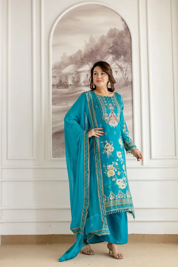 Trendy Real Chinon Kurta Palazzo Dupatta Set Elegant Digital Prints for All Occasions - Buy